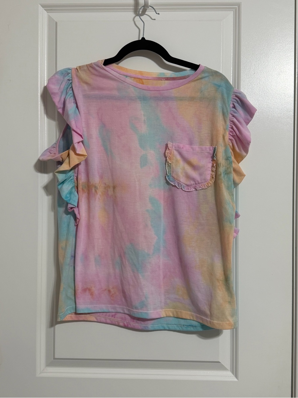 Pastel Tie-Dye Ruffle Sleeve Pocket Tee - Women's Pink/Blue/Yellow